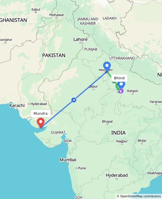 Route map showing distance and travel time from Bhind, India to Mundra, India