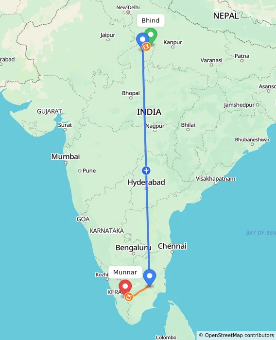 Route map showing distance and travel time from Bhind, India to Munnar, India