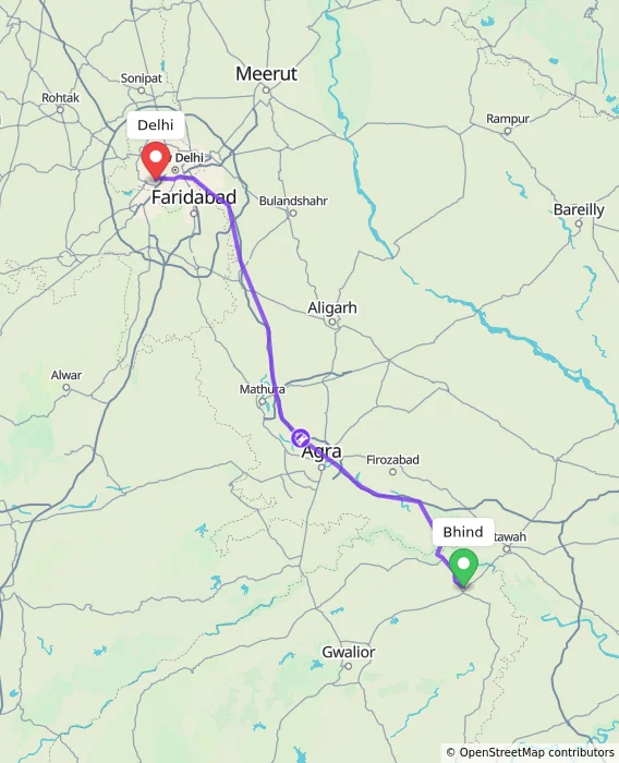 Route map showing distance and travel time from Bhind, India to Delhi, India