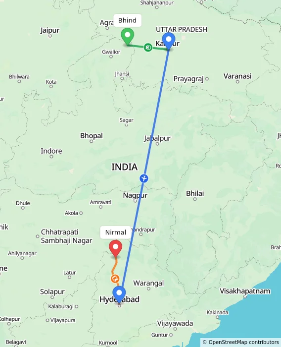 Route map showing distance and travel time from Bhind, India to Nirmal, India