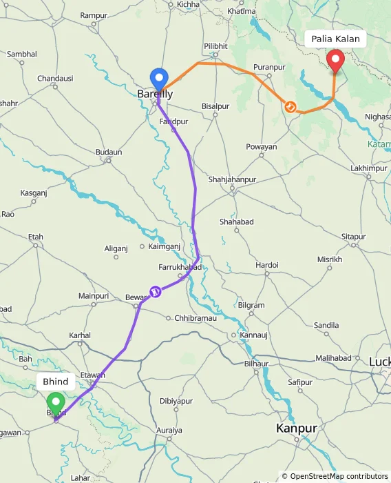 Route map showing distance and travel time from Bhind, India to Palia Kalan, India