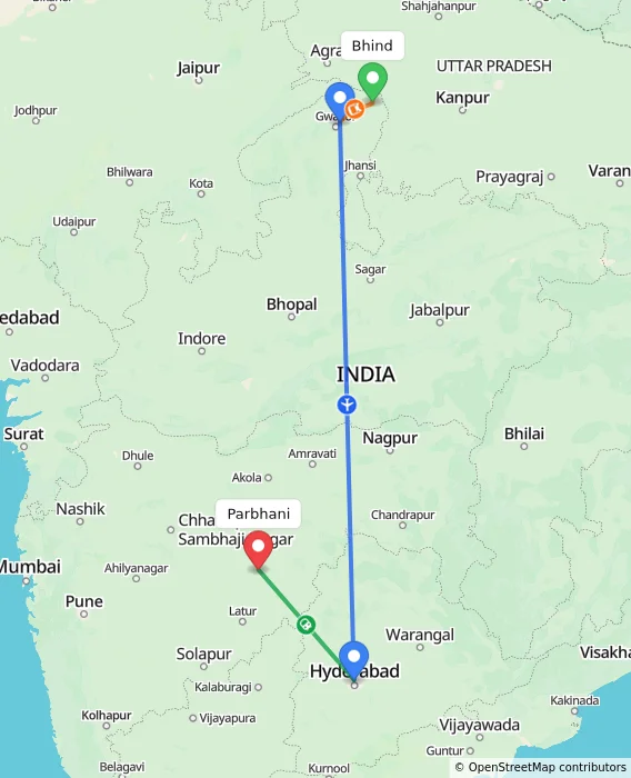 Route map showing distance and travel time from Bhind, India to Parbhani, India