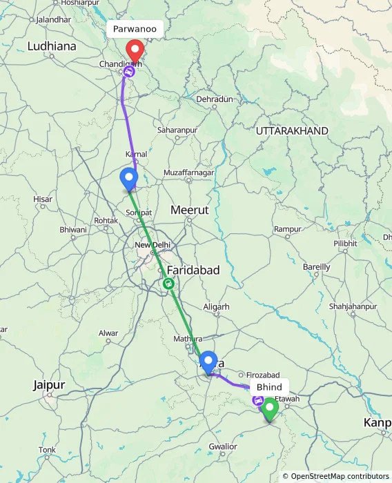 Route map showing distance and travel time from Bhind, India to Parwanoo, India