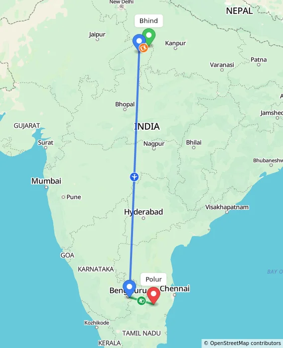 Route map showing distance and travel time from Bhind, India to Polur, India