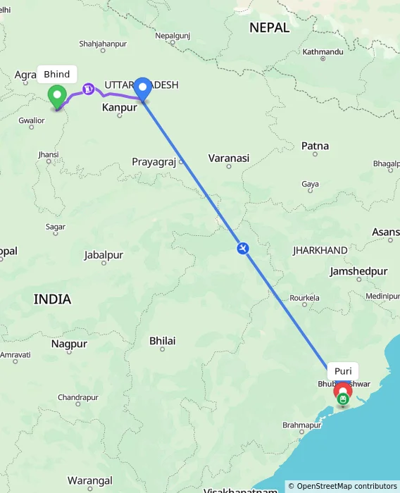 Route map showing distance and travel time from Bhind, India to Puri, India