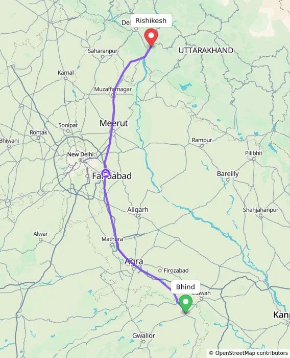 Route map showing distance and travel time from Bhind, India to Rishikesh, India
