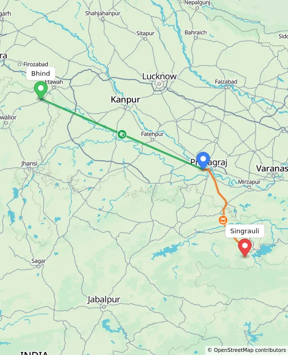 Route map showing distance and travel time from Bhind, India to Singrauli, India