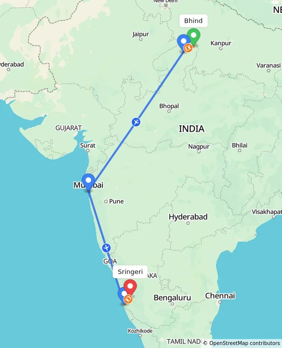 Route map showing distance and travel time from Bhind, India to Sringeri, India