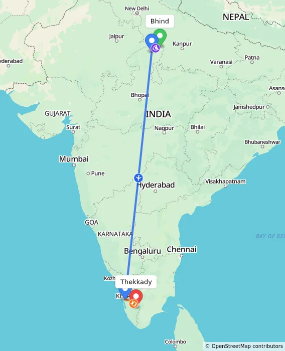 Route map showing distance and travel time from Bhind, India to Thekkady, India