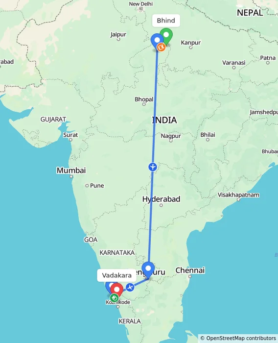 Route map showing distance and travel time from Bhind, India to Vadakara, India