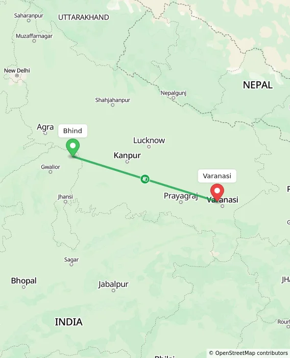 Route map showing distance and travel time from Bhind, India to Varanasi, India