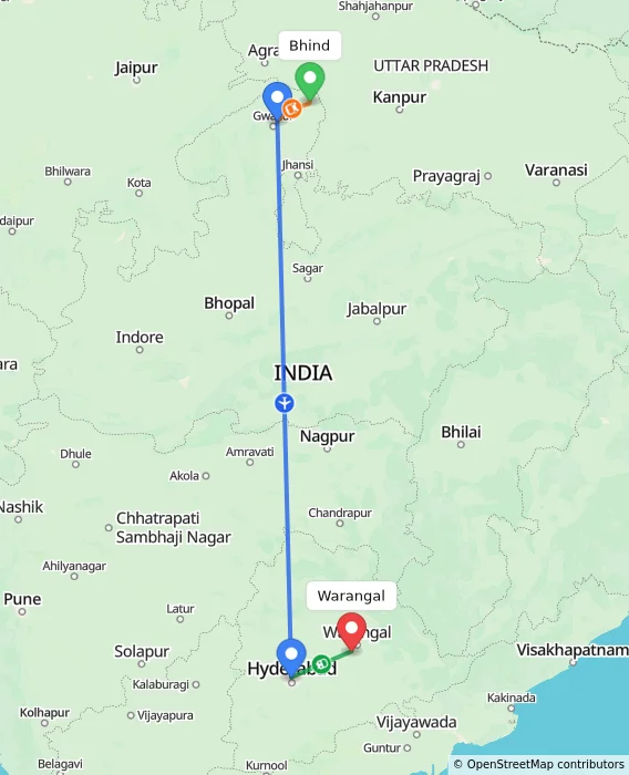 Route map showing distance and travel time from Bhind, India to Warangal, India