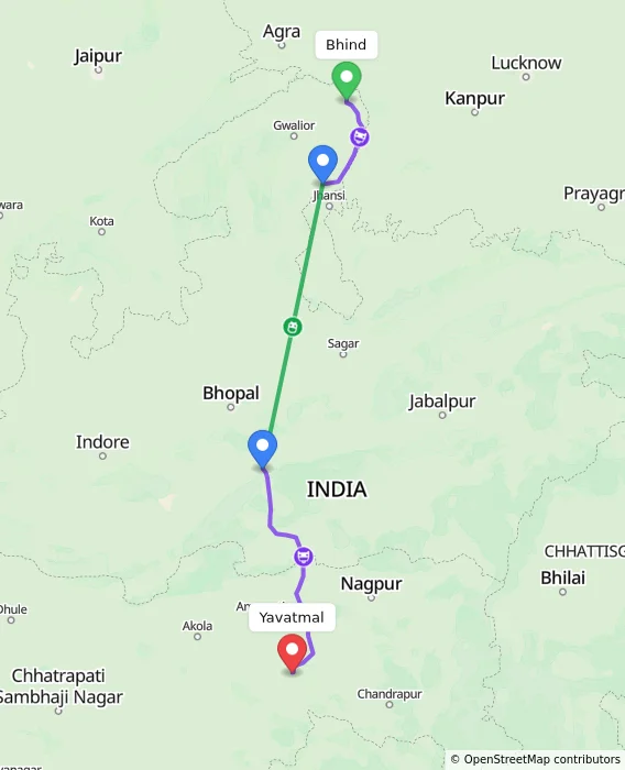 Route map showing distance and travel time from Bhind, India to Yavatmal, India