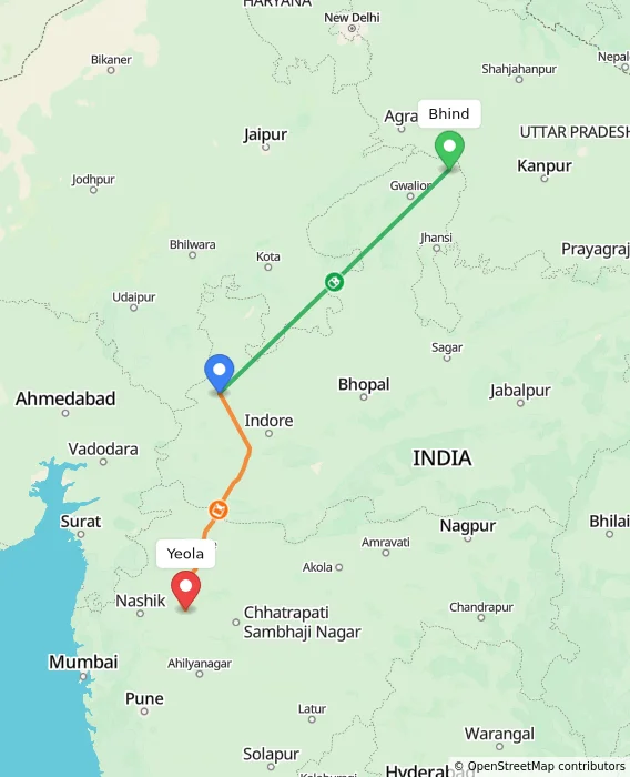 Route map showing distance and travel time from Bhind, India to Yeola, India