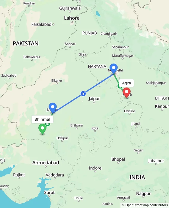 Route map showing distance and travel time from Bhinmal, India to Agra, India