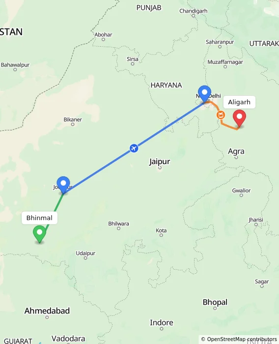 Route map showing distance and travel time from Bhinmal, India to Aligarh, India