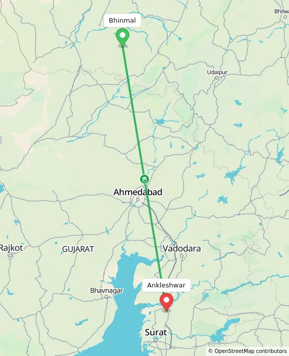 Route map showing distance and travel time from Bhinmal, India to Ankleshwar, India