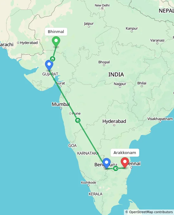 Route map showing distance and travel time from Bhinmal, India to Arakkonam, India