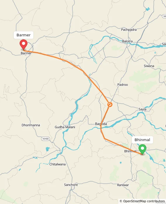 Route map showing distance and travel time from Bhinmal, India to Barmer, India