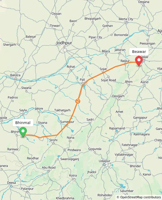 Route map showing distance and travel time from Bhinmal, India to Beawar, India