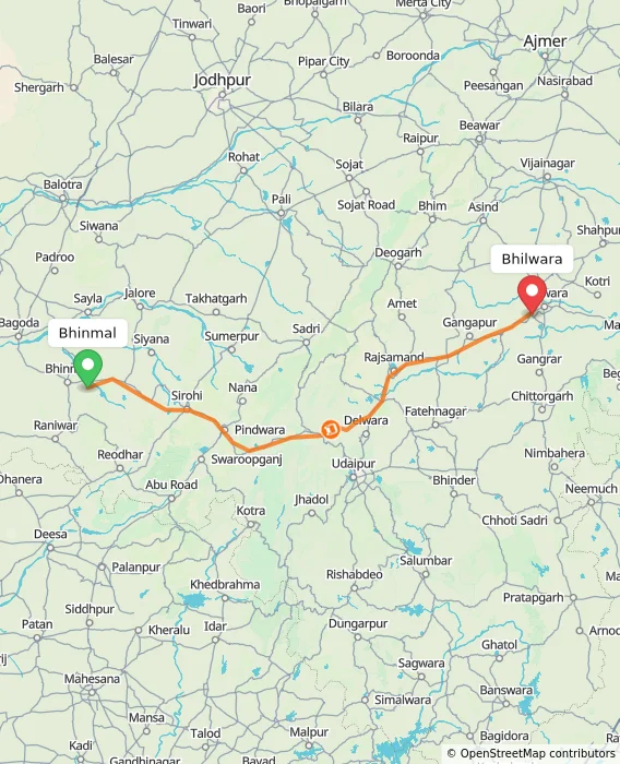 Route map showing distance and travel time from Bhinmal, India to Bhilwara, India