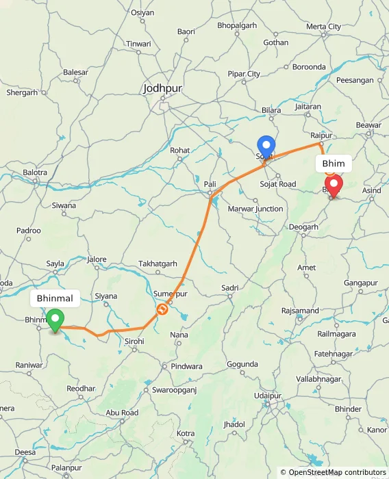 Route map showing distance and travel time from Bhinmal, India to Bhim, India