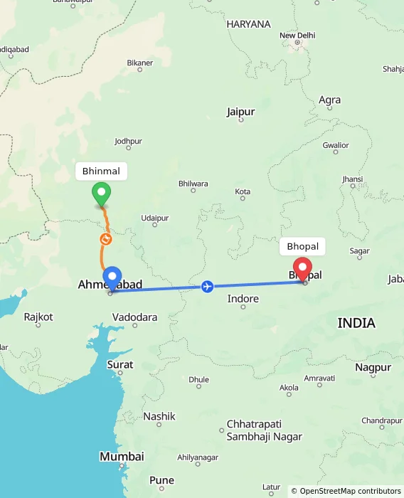 Route map showing distance and travel time from Bhinmal, India to Bhopal, India