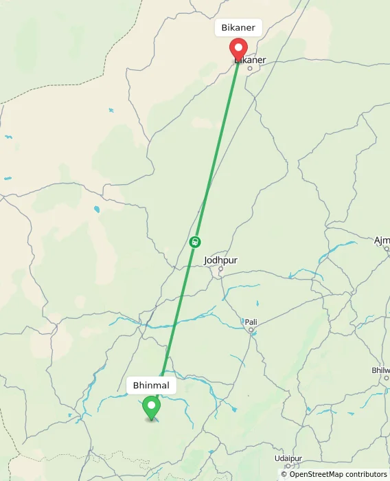 Route map showing distance and travel time from Bhinmal, India to Bikaner, India