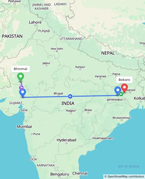 Route map showing distance and travel time from Bhinmal, India to Bokaro, India
