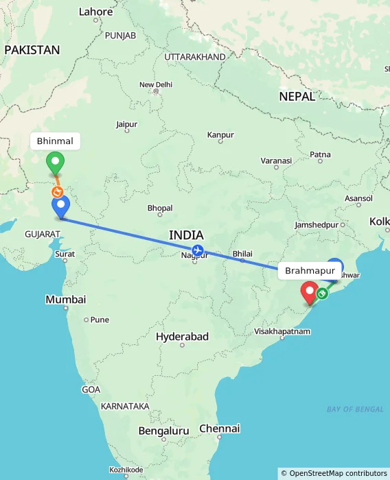 Route map showing distance and travel time from Bhinmal, India to Brahmapur, India