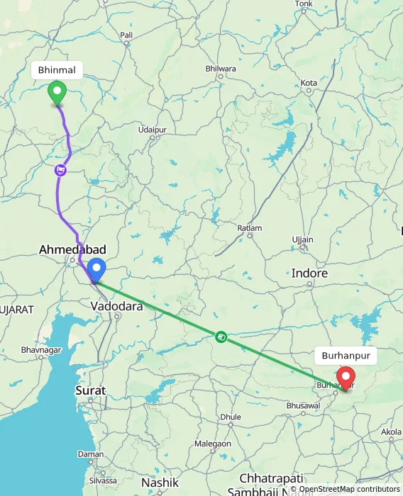 Route map showing distance and travel time from Bhinmal, India to Burhanpur, India