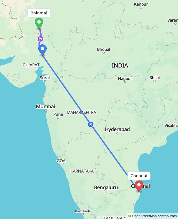 Route map showing distance and travel time from Bhinmal, India to Chennai, India