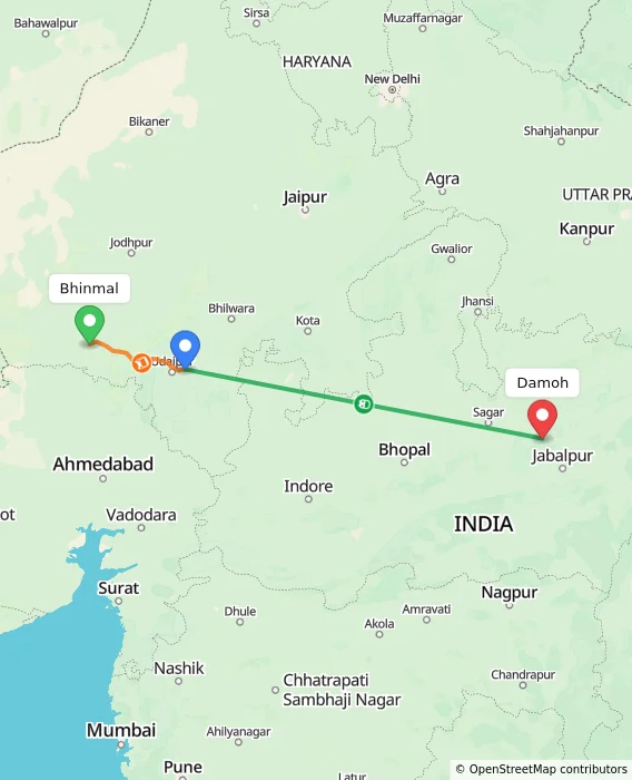 Route map showing distance and travel time from Bhinmal, India to Damoh, India