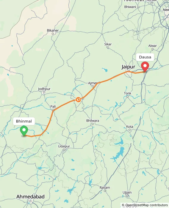 Route map showing distance and travel time from Bhinmal, India to Dausa, India