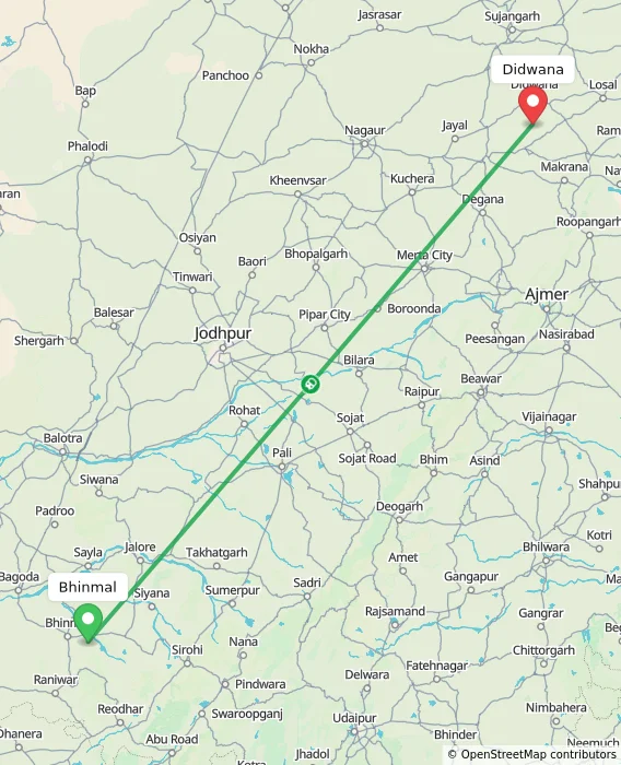 Route map showing distance and travel time from Bhinmal, India to Didwana, India