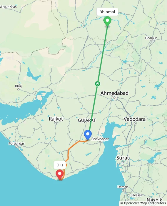 Route map showing distance and travel time from Bhinmal, India to Diu, India
