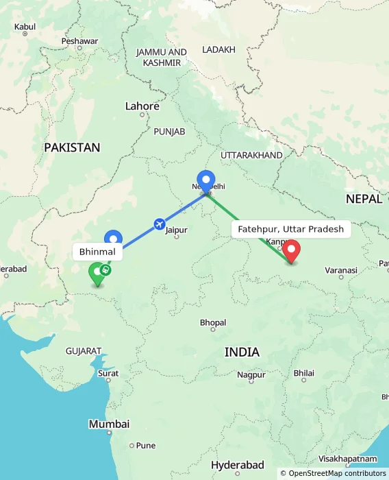 Route map showing distance and travel time from Bhinmal, India to Fatehpur, Uttar Pradesh, India