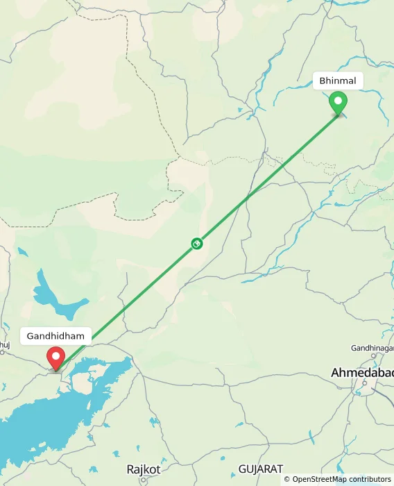 Route map showing distance and travel time from Bhinmal, India to Gandhidham, India