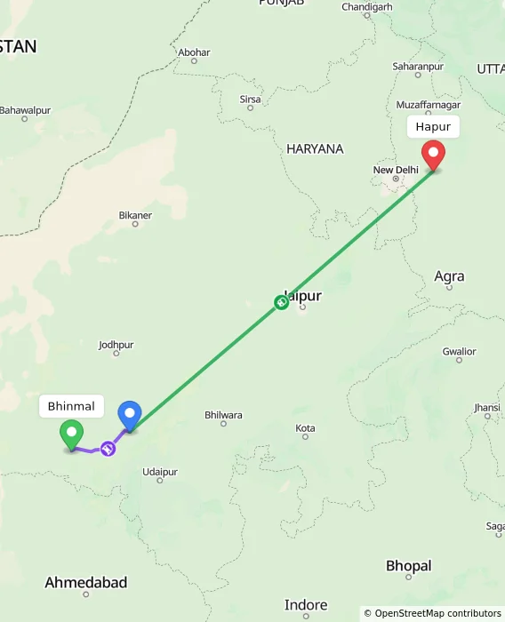 Route map showing distance and travel time from Bhinmal, India to Hapur, India