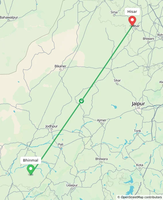 Route map showing distance and travel time from Bhinmal, India to Hisar, India