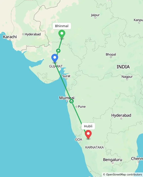 Route map showing distance and travel time from Bhinmal, India to Hubli, India