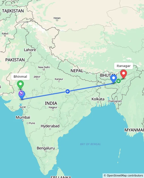 Route map showing distance and travel time from Bhinmal, India to Itanagar, India