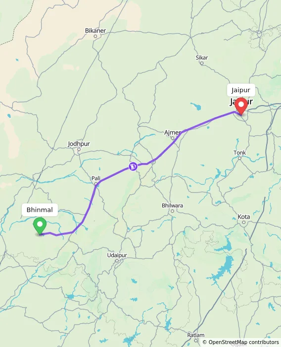 Route map showing distance and travel time from Bhinmal, India to Jaipur, India
