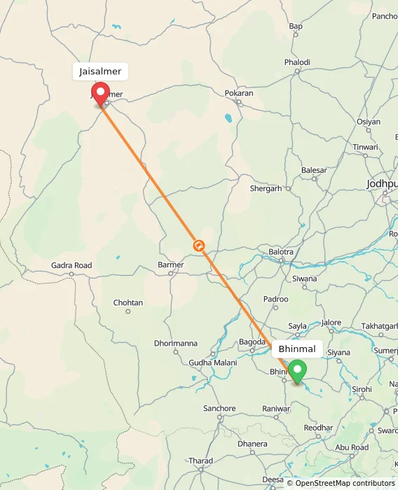 Route map showing distance and travel time from Bhinmal, India to Jaisalmer, India