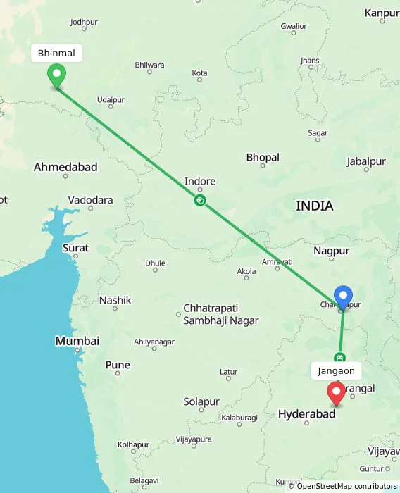 Route map showing distance and travel time from Bhinmal, India to Jangaon, India