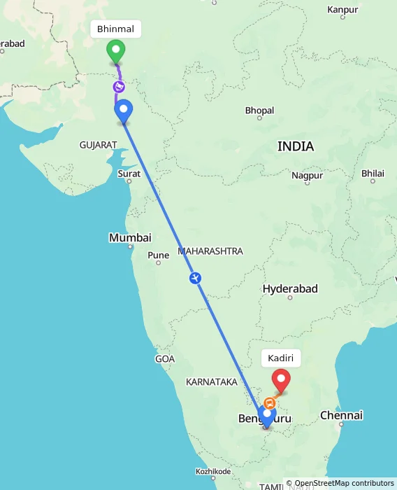 Route map showing distance and travel time from Bhinmal, India to Kadiri, India