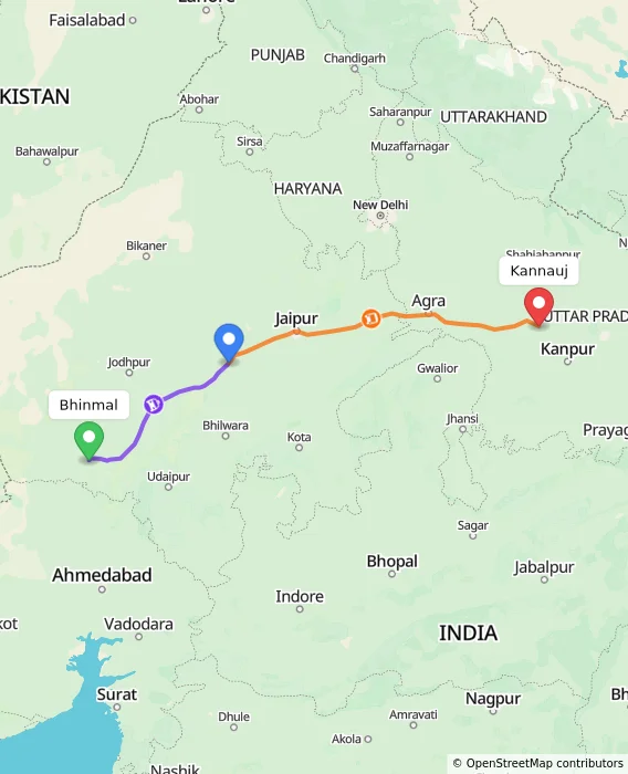 Route map showing distance and travel time from Bhinmal, India to Kannauj, India