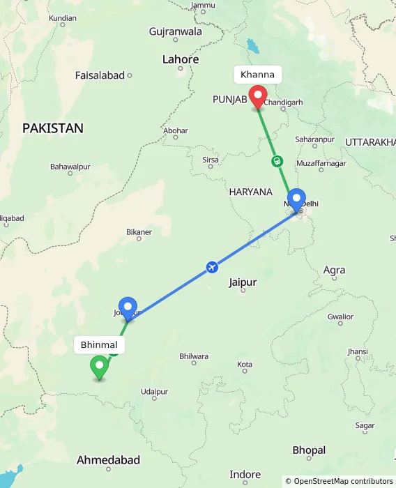 Route map showing distance and travel time from Bhinmal, India to Khanna, India