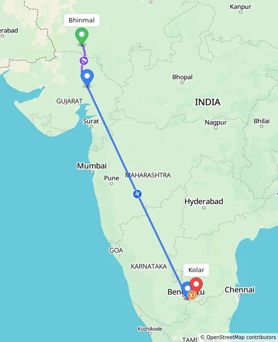 Route map showing distance and travel time from Bhinmal, India to Kolar, India