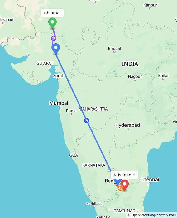 Route map showing distance and travel time from Bhinmal, India to Krishnagiri, India